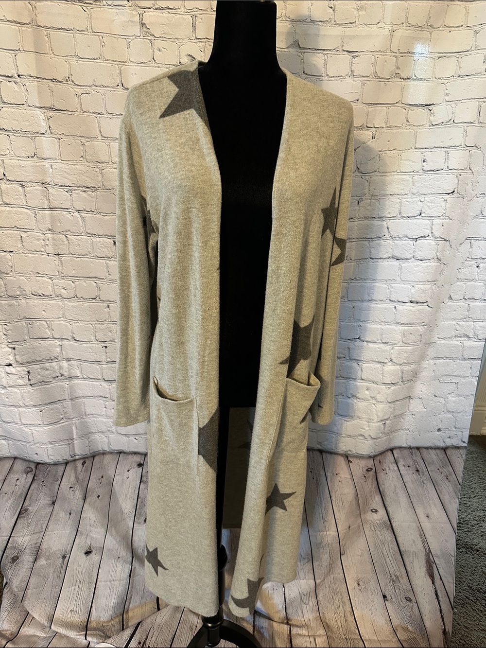 Open-Front Star Print Long Cardigan - Light Olive